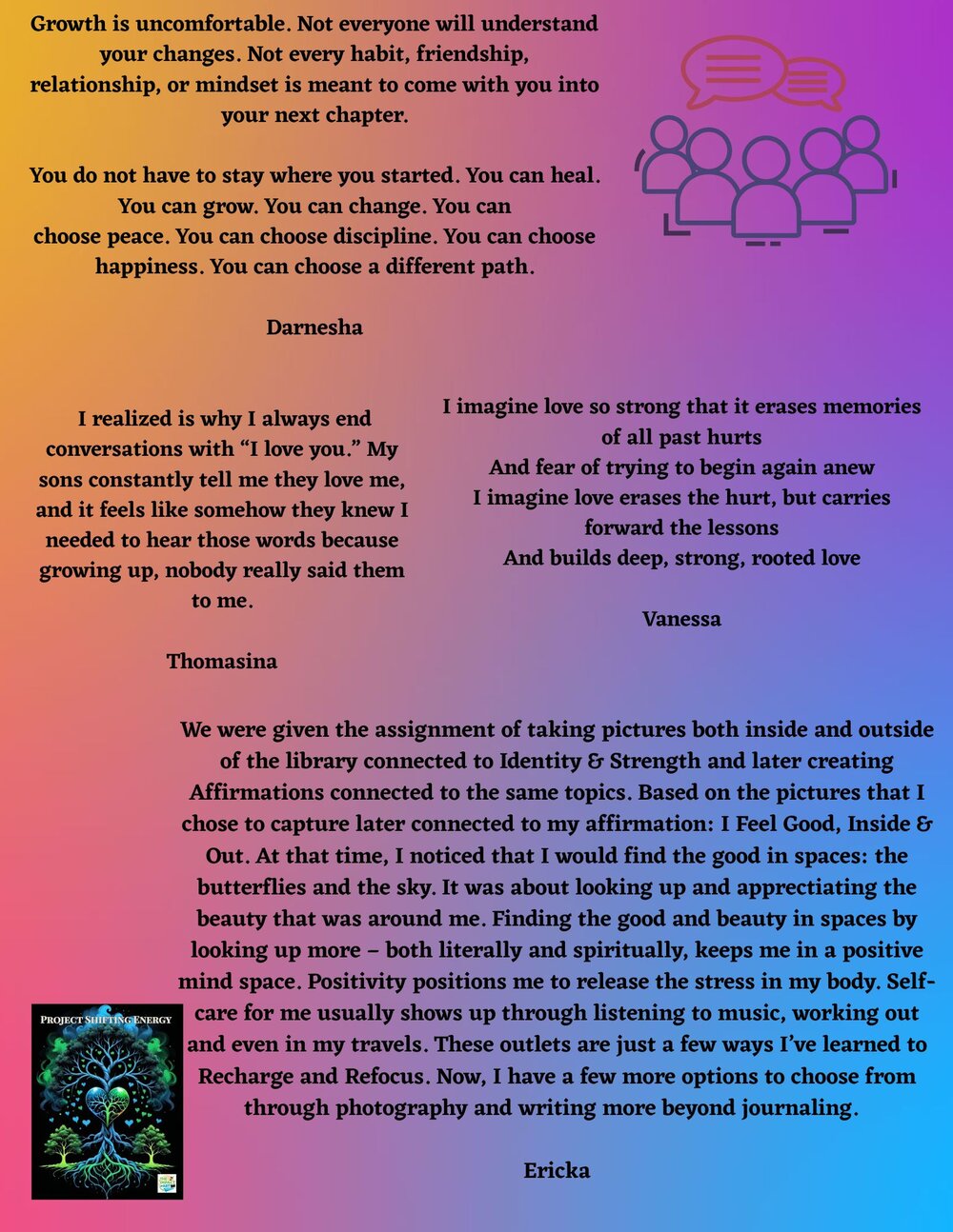 A page of written reflections from Project Shifting Energy on a rainbow gradient background